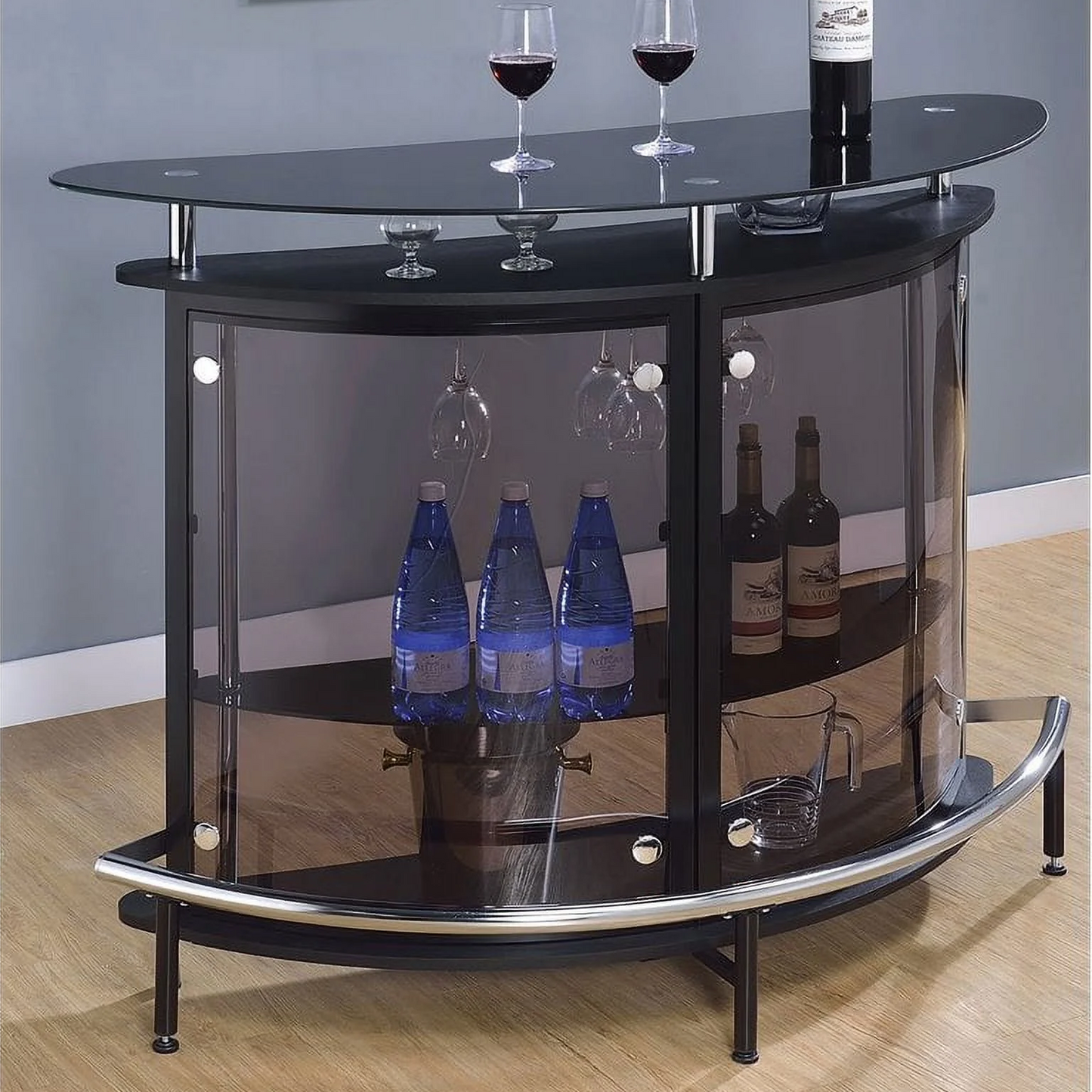 Contemporary Glass Home Bar in Black and Chrome