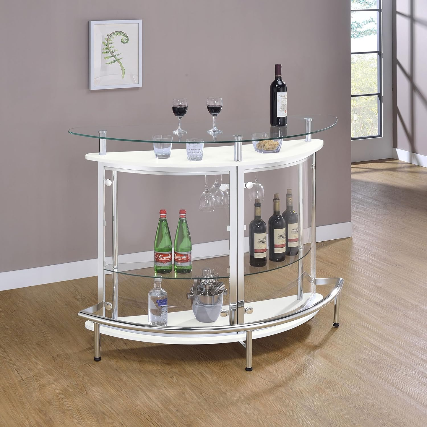Amarillo Glass Top Freestanding Home Bar Cabinet, Modern Liquor Cabinet with 2 Shelves and Wine Glass Rack, White