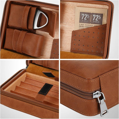 Cigar Travel Humidor, Cedar Wood Leather Cigar Case with Cigar Accessories Gift Set, Brown
