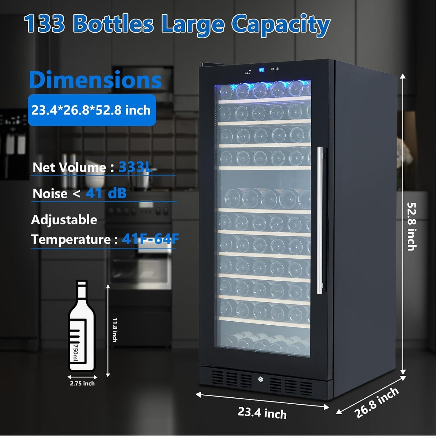 133 Bottles Wine Cooler/Cabinet Beverage Refrigerator, Built-In or Freestanding Fridge, Wine Cooler Refrigerator for Home, Kitchen, Office