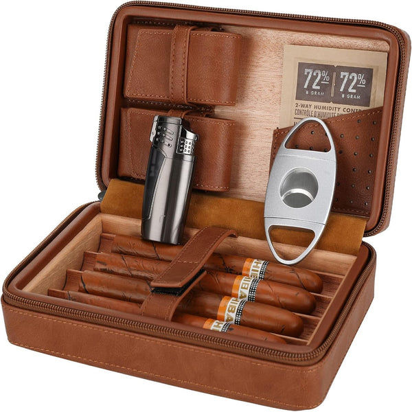 Cigar Travel Humidor, Cedar Wood Leather Cigar Case with Cigar Accessories Gift Set, Brown